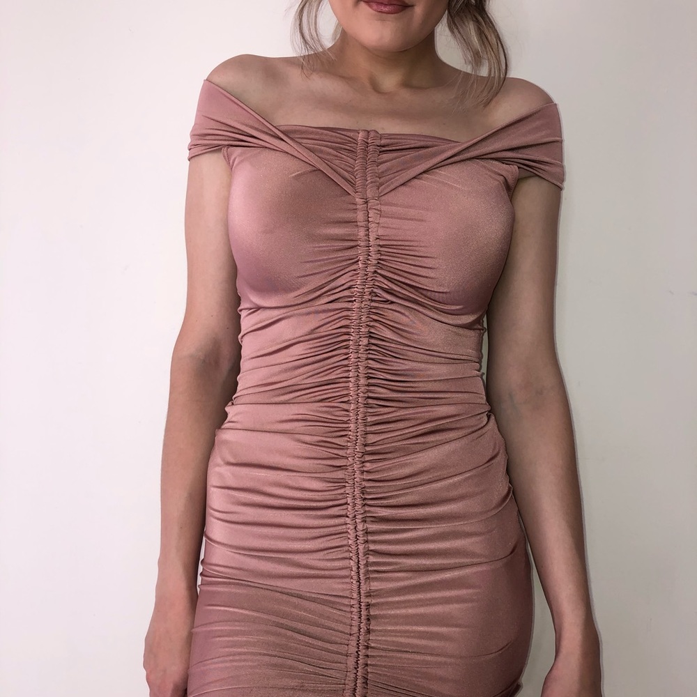 FASHION NOVA ROSE GOLD RUCHED BODYCON DRESS